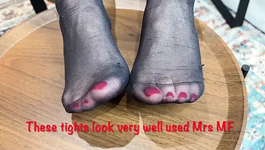 Mrs Mature Feet wearing her oldest work tights