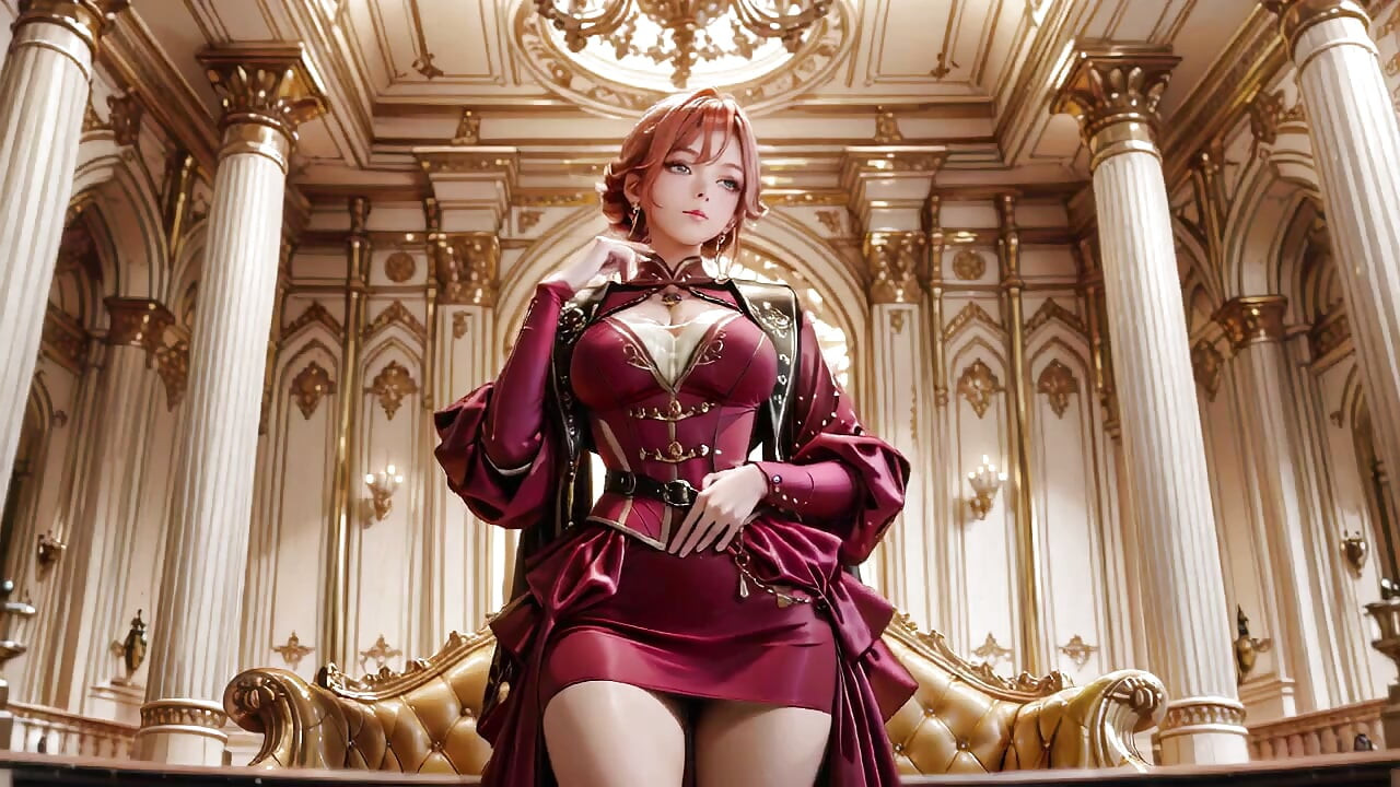 Red Queen on the Golden Throne! Deep velvet gown, lazy chin rest, and a gaze that locks onto you.