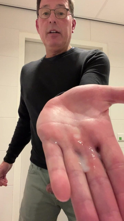 Intense stand up orgasm and cumshot in the public toilet