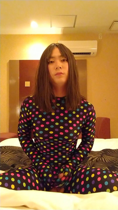 Japanese crossdresses masturbate wearing colorful morphsuit | Clip 1