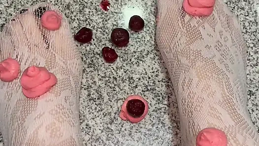 Playing with a whipped cream with my legs in white stockings