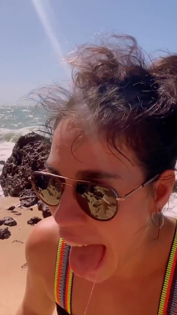 Memorable moment from "public beach drinking 2 liters of pee ,public beach gagging"