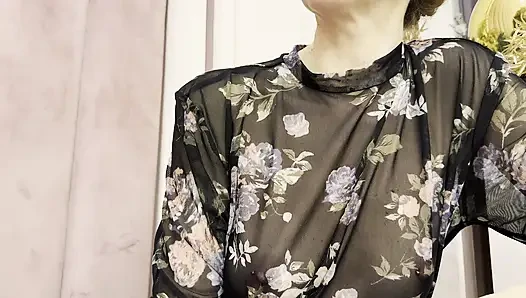 Trying my new sheer blouse in a caffe, showing my hard pierced nipples in public.