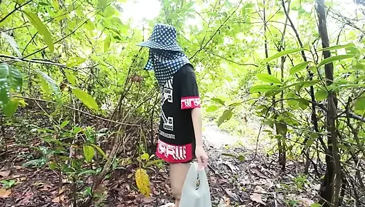 Thai Girl Walking Showing Along the Side of the Field Road in the Countryside Thai Outdoor Public