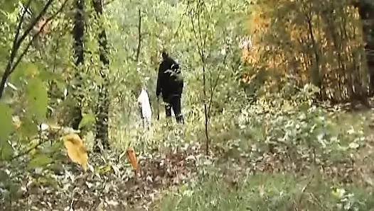 Hot dark haired German babe gets her shaved twat pounded in the woods