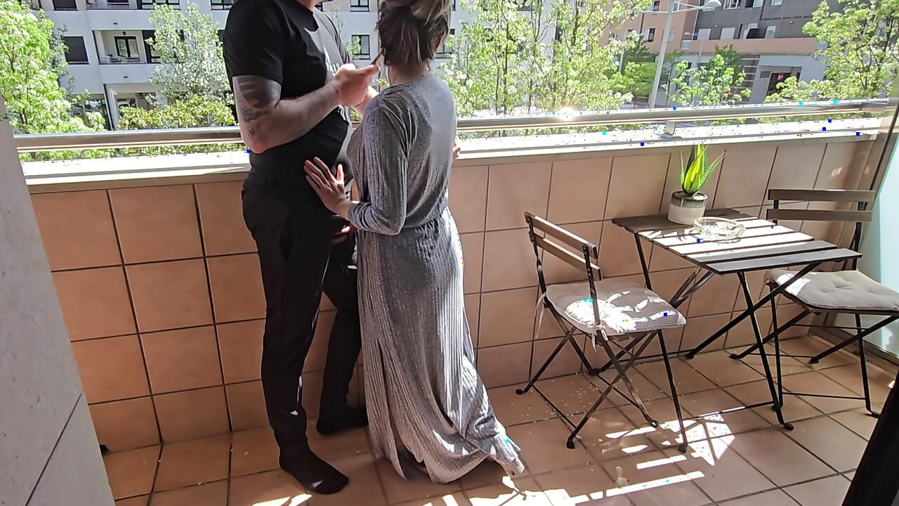 Busty Girl Sucks Her Friend's Cock on a Hotel Balcony!! Risky Sex!