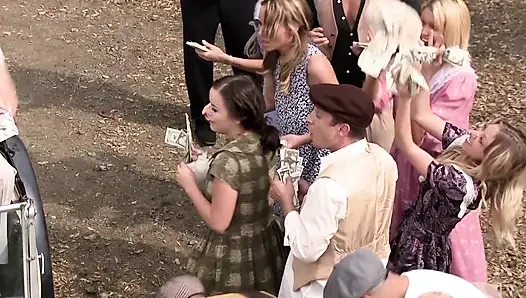 Lusty sluts are sucking and fucking two guys outdoors