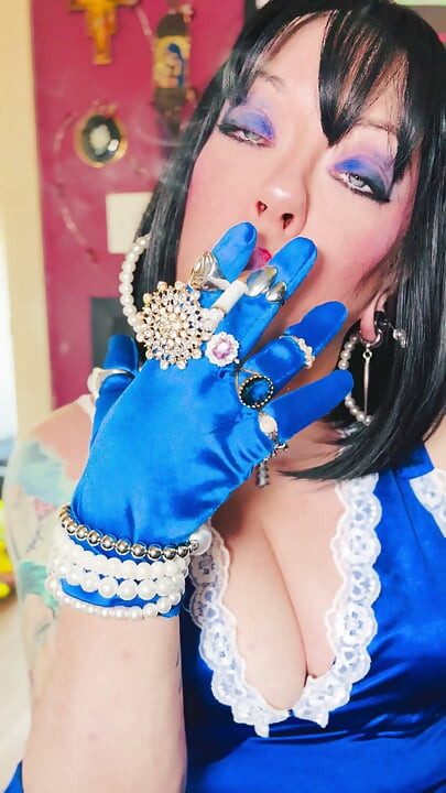 Tina Snua Chain Smokes 2 Cork Cigarettes In Satin With Gloves & Jewellery! - British Mature Smoking Smoker