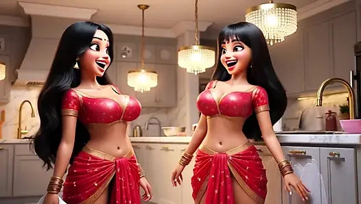 Две сладострастные индийские лесбиянки убирают пол на кухне на всех четвереньках в выявлении традиционных нарядов без трусиков
