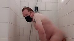 Ginger rides wall dildo and shoots cum