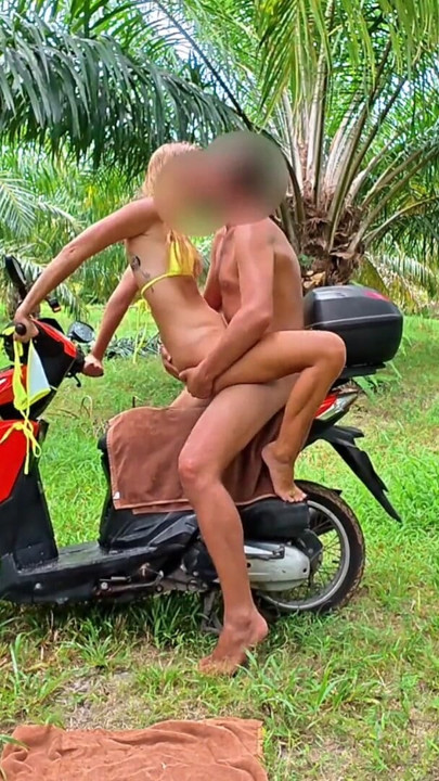 Wild Girlfriend Fuck on a Scooter & Wet Squirt in a Jungle During Rain | Clip 1