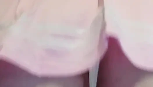 Thick BBW rides big realistic dildo in a pink babygirl cheer dress