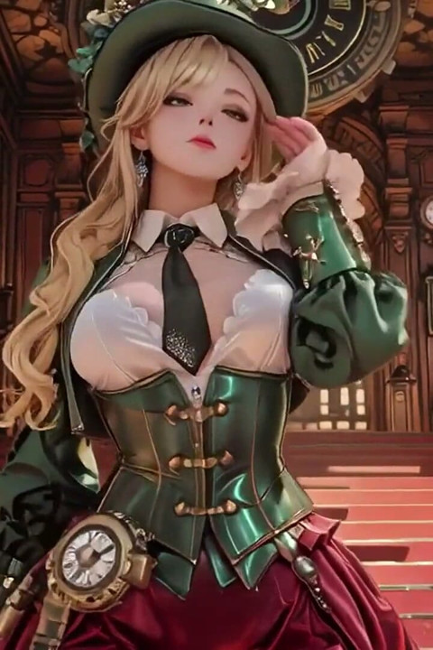 Steampunk Blonde Secretary! Lazy Poses Amidst Giant Gears