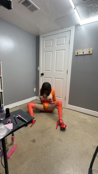 Captivating moment from "Velma riding her favorite chair with her huge cock and big tits"