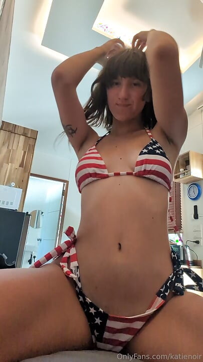 Solo Hot Girl Masturbation in USA flag bikini, teasing and horny moaning