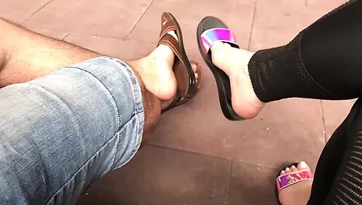 Outdoor sandals dangle & tease with alpha! Dirty feet fetish!