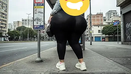 "Masked BBW Changes from Black Leggings to Tiny Thong at Public Bus Stop"