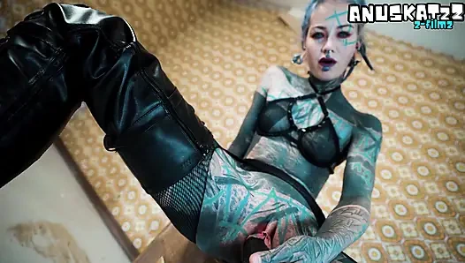 Full-Body Ink & Metal Piercings – Black Leather & Heels, Brutal Chair Riding Session with Monstrous Black Dildo