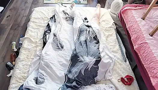 Sensual massage of a hot couple with oil on the body.