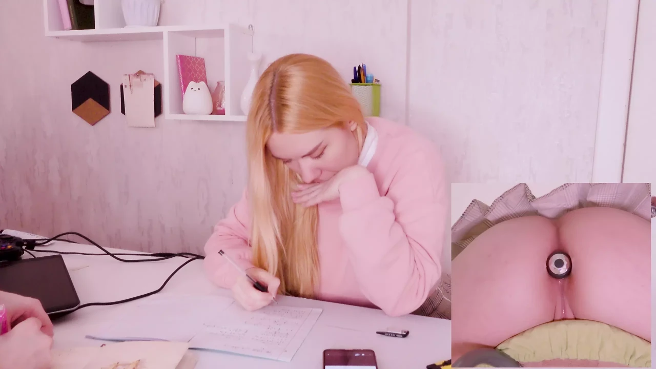 Helping my stepsister with homework but she's too distracted with vibro plug in her ass!