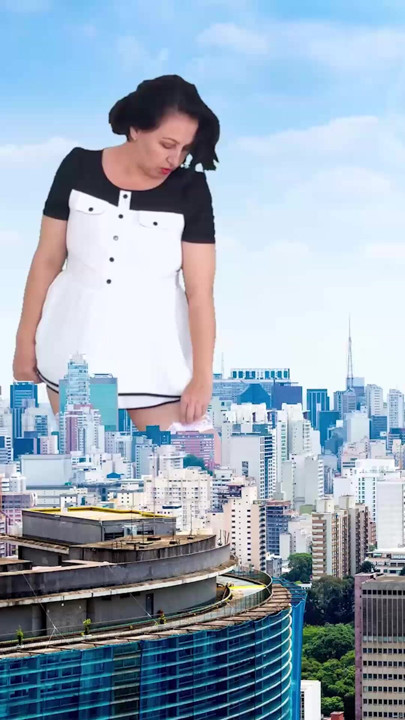 Wow! A giant lady without panties walks around the city. She's as tall as King Kong! Amazing show of a giantess! 1