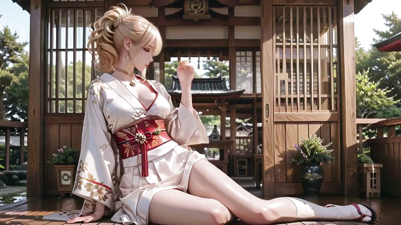 Sarışın Kimono kızının tapınak sırrı! Bej modifiyeli kimono içinde Torii kapısının altında diz çöküp kalkıyor