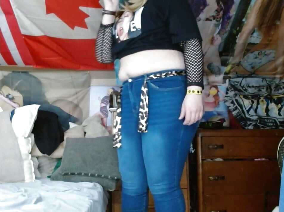 fat sissy with tits wearing and stripping out them tight jeans