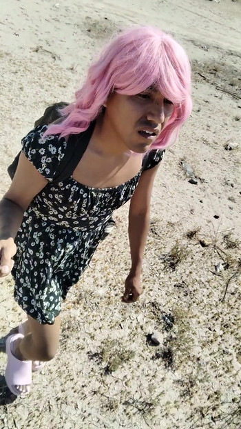 Captivating moment from "Little Ladyboy Femboy In Mini Dress And Sandals Walks In Public Very Hot"