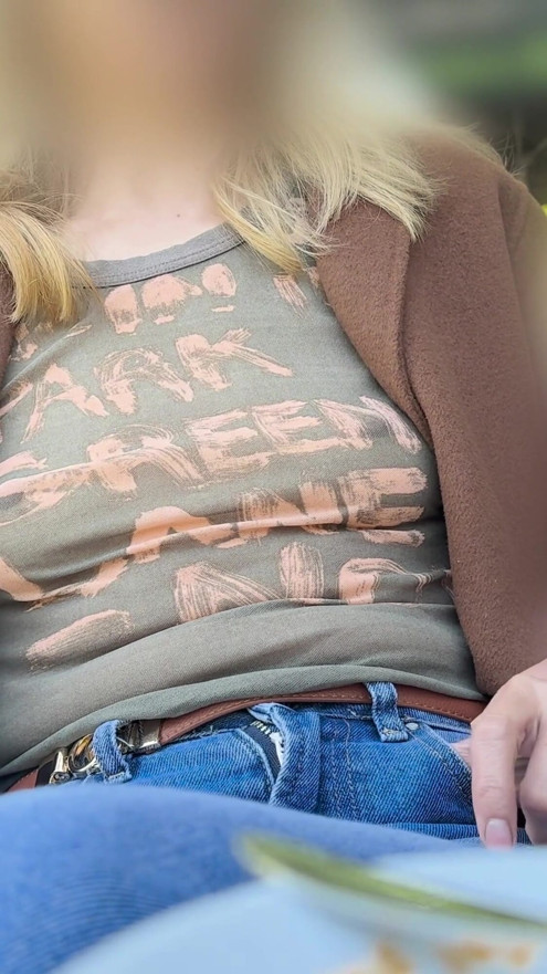 Teasing my husband in a sheer shirt exposing big pierced nipples in oudoor coffee place | Clip 1