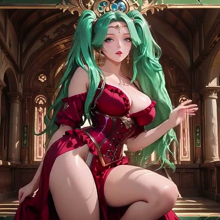 Green-haired Warlock! Red Battle Armor in the Classical Arcade, Slit Skirt Teasing Every Move