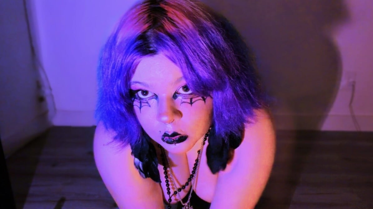Goth teen teases you with her big tits and ass, and masturbates.