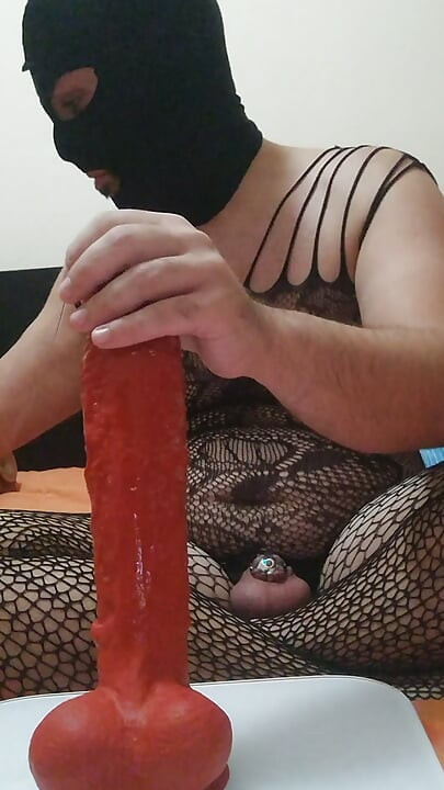 Horny Greek Cross in Chastity Plays with Dildo and Cum