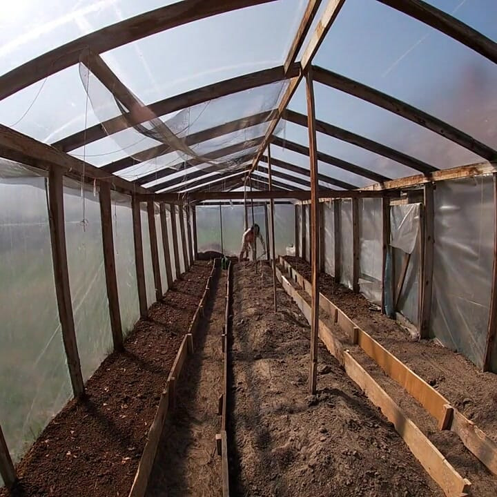 Nude house wife working in the greenhouse