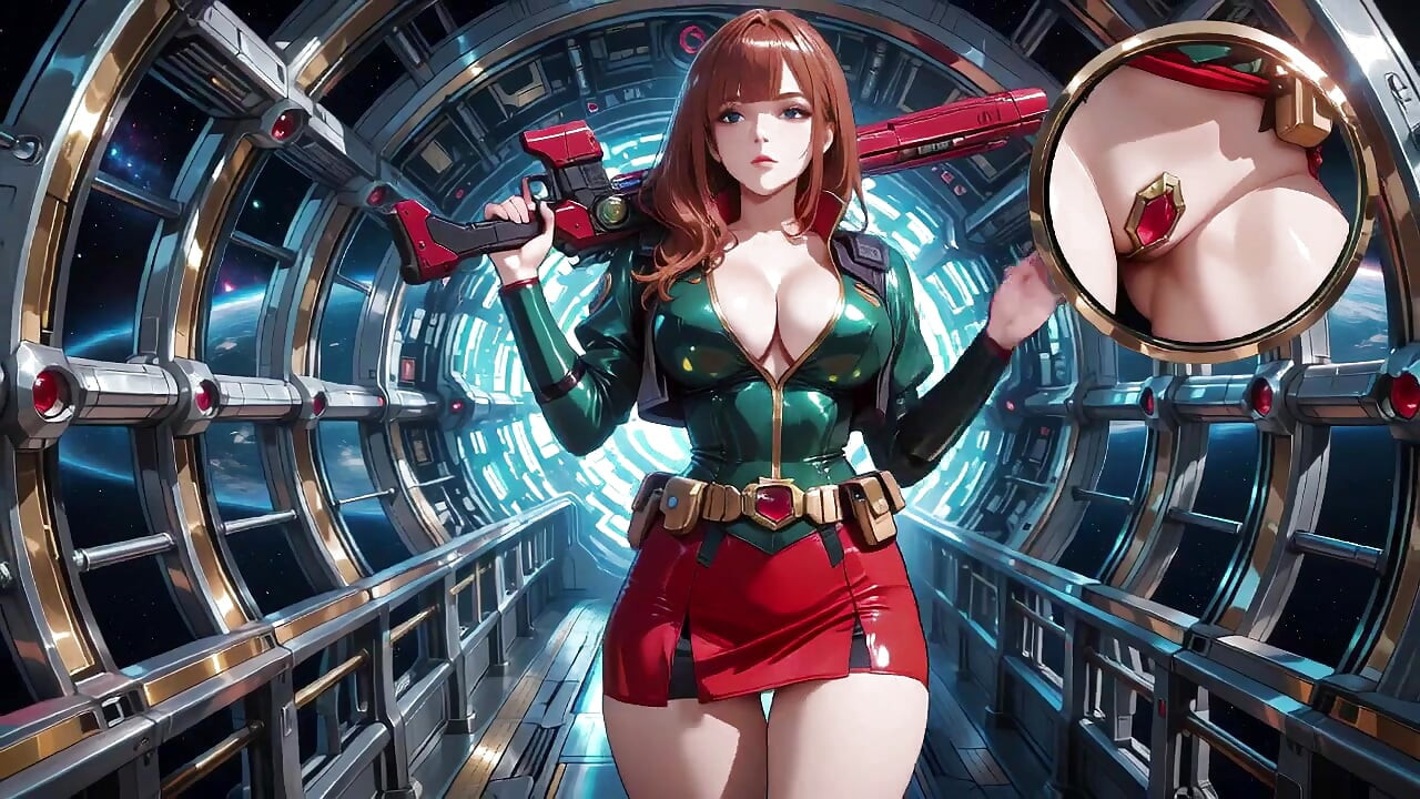 Inside the Sci-Fi Train, she wears a tight green armor, touching her red lips while gazing at the galaxy through the porthole.