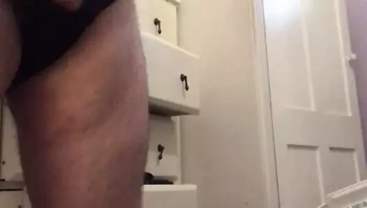 Chubby daddy jerks in black tangas