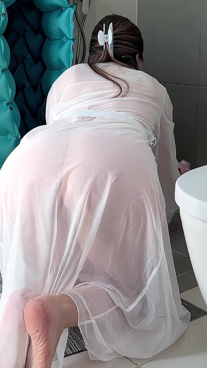 Stepmom Cleans the Bathroom in Her Sheer Dress. Slowly