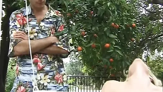 Blonde MILF with big tits fucked in the garden