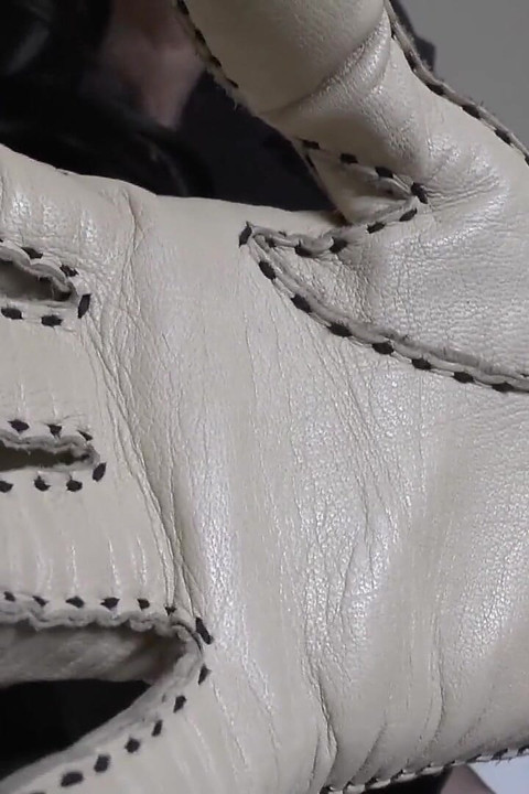 Beige Leather Gloves with a Strong Leather Scent on Your Face, Lady Victoria Valente