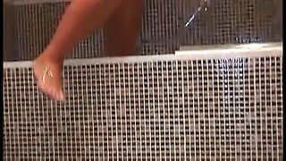 Curvy German blonde plays with big dildo after erotic solo shower