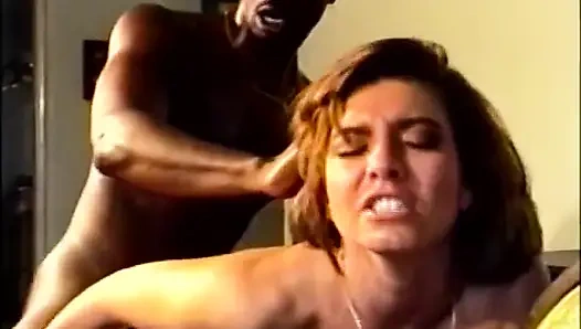 Huge black cock sucking, hairy pussy petite fucking in dogging position