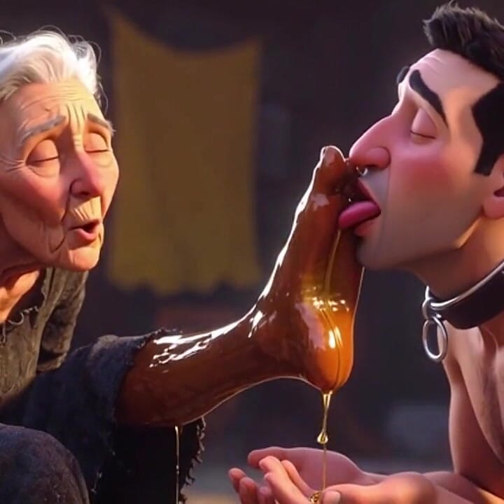 Submissive Slave Licking Wrinkled Feet of Old Ladies