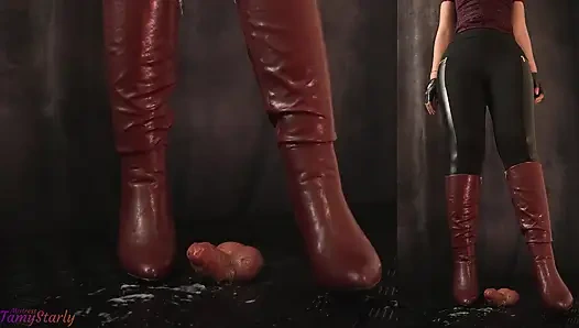 Kırmızı topuklu çizmelerimde kayganlaştırıcısız ve orgazm sonrası tam ağırlık eziliyor - yarak topları eziliyor, ayakkabıyla muamele, önyükleme, cbt