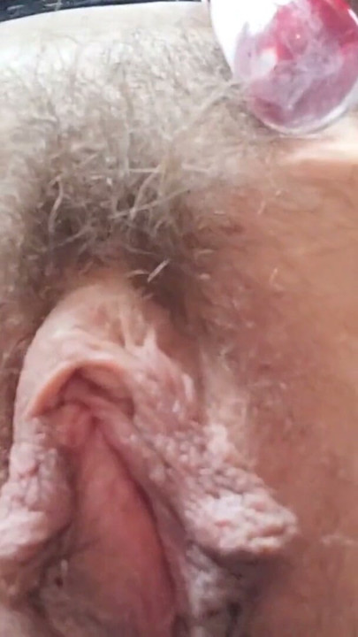 Pussy with long labia? hairy butterfly pussy, I'm so horny and I'm doing it with my glass dildo in a fur coat | Clip 1