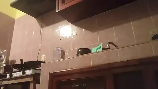 Chubby mom in the kitchen showing thong 4