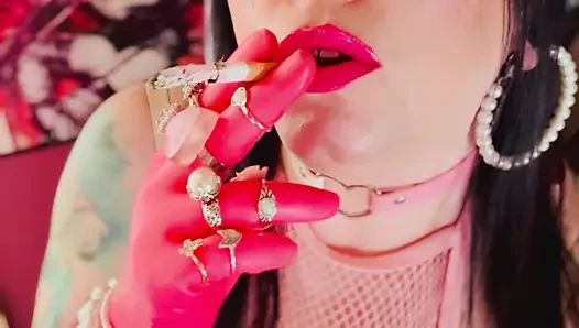 For Those Who Love Latex Gloves & Smoking! Tina Snua Wears Gloves With Rings & Smokes A Cigarette