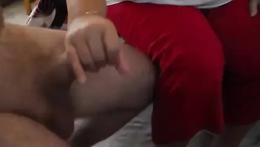 John cums after Jen is giving him a handjob