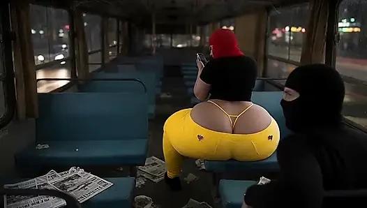 Big Ass Girl in Tight Yellow Leggings Waiting for the Bus