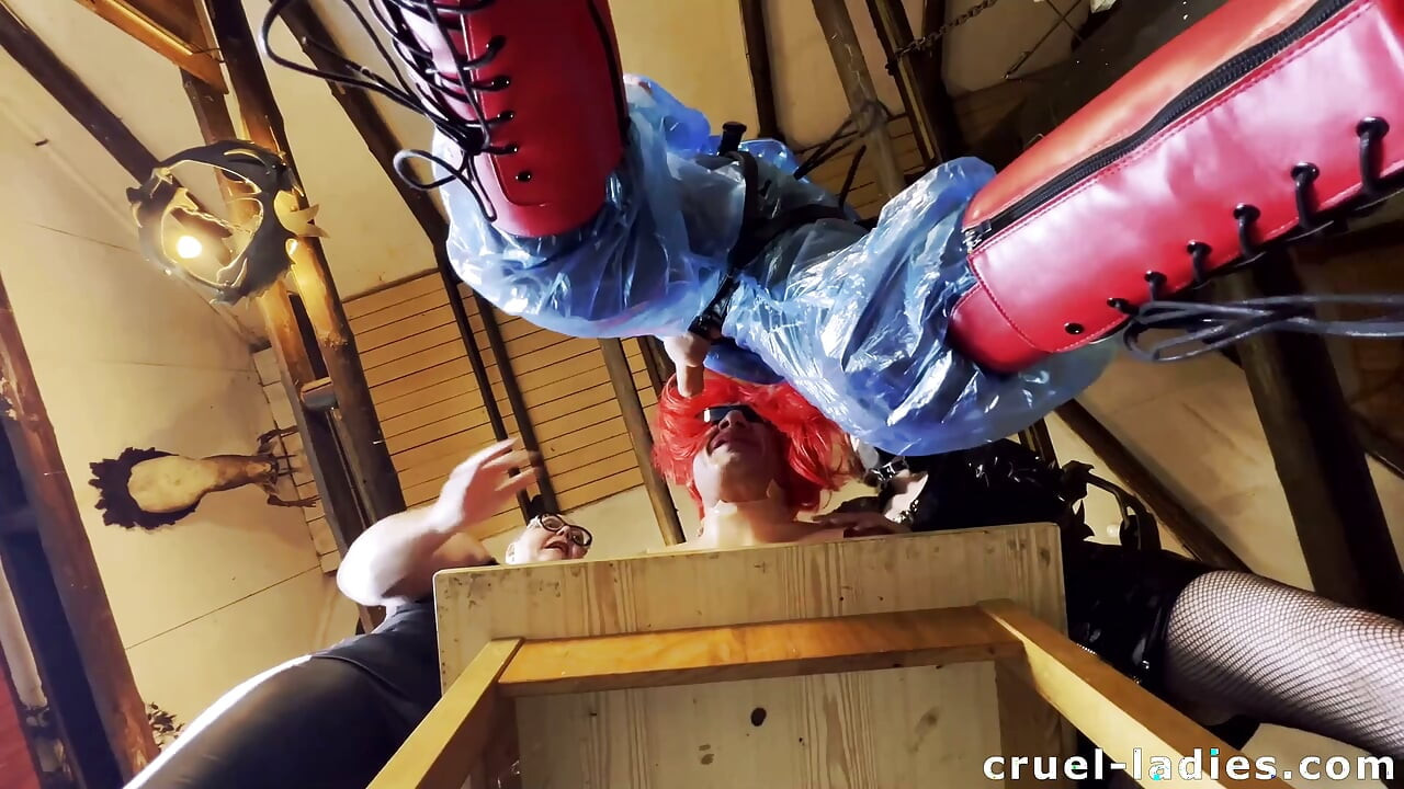 Mistress April, the cruel Lady Liana, and the cruel trans woman Lucy are training Martina in deepthroat.