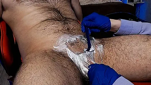 Another dick shaving session with an oily handjob and a happy ending