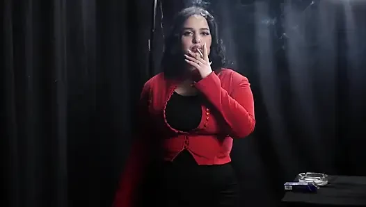 Curvy Brunette Smoking in Red Cardigan